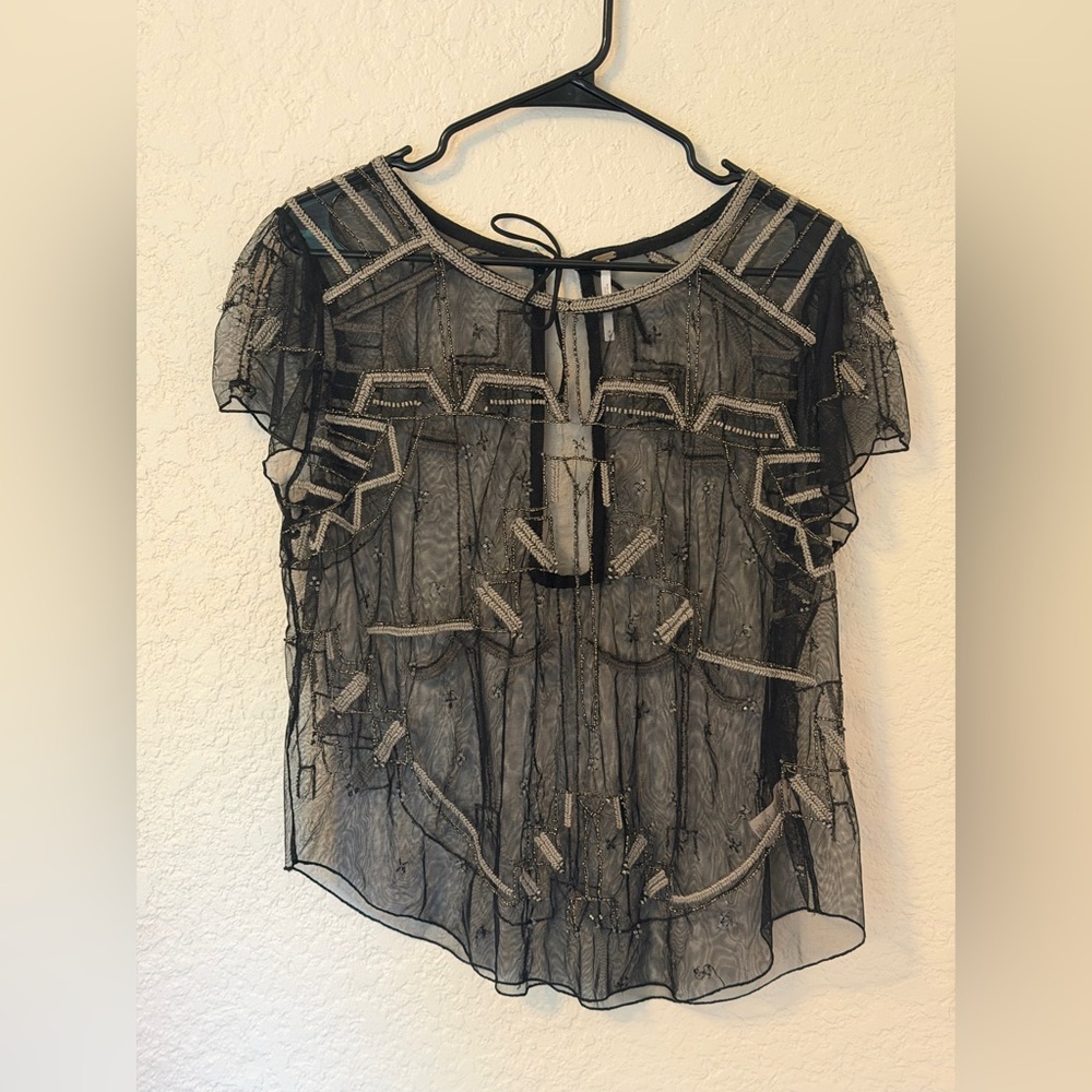 Free People Black Sheer Embellished Blouse